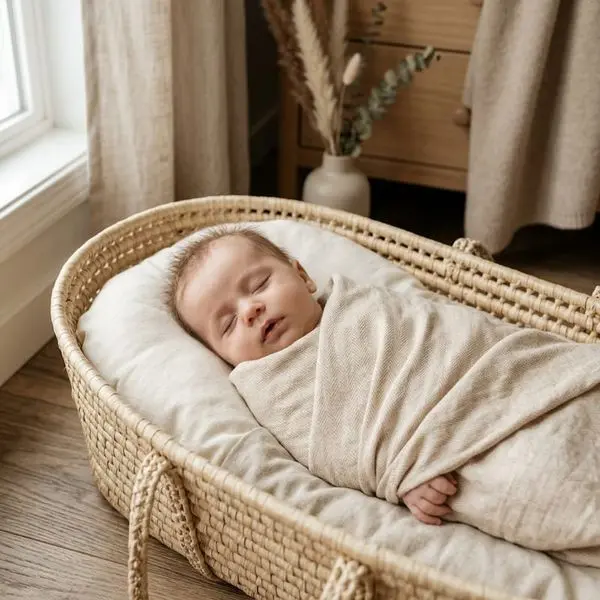 Baby wrapped in Little Logic Bamboo Swaddle